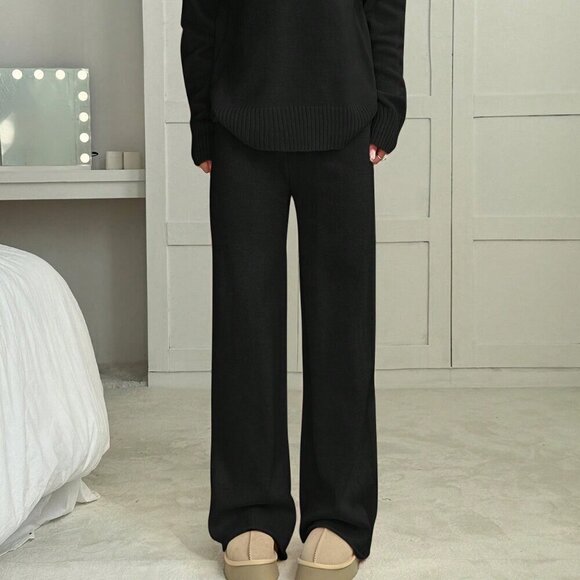 Black Casual Women's Round Neck Long Sleeve Sweater Top And Long Pants Set - Picture 3 of 6